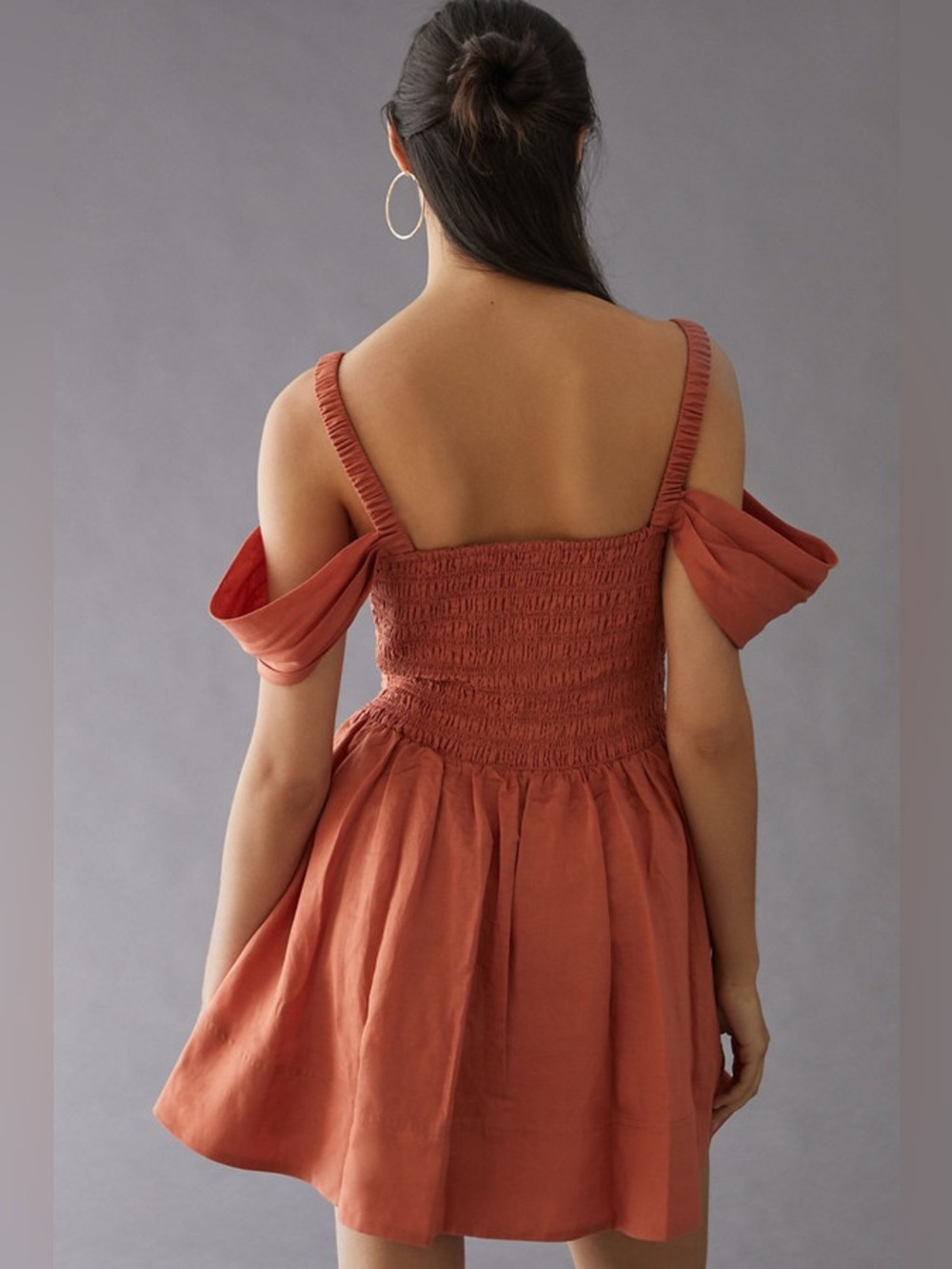 Anthropologie Off The Shoulder Linen Mini Dress in Canyon Pink/Orange - Picture 2 of 11